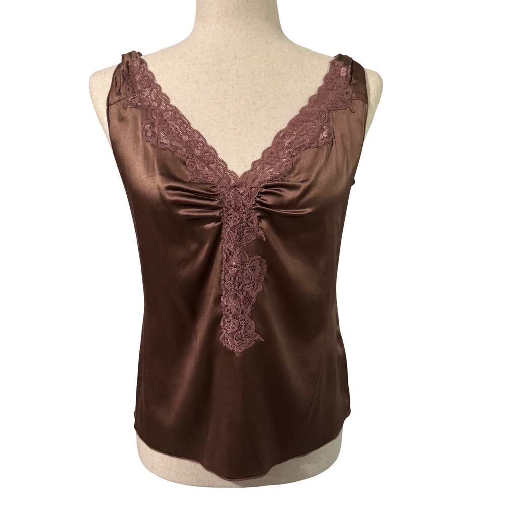 Vtg Bebe Silk Blend Lace Trim Camisole Top Mink Twist Sleeve Y2k Fairy Medium